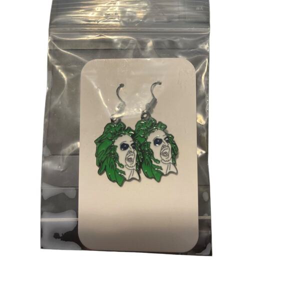 BEETLEJUICE DANGLE EARRINGS WITH GREEN HAIR - Picture 1 of 1
